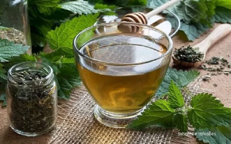 Folhas de louro secas ao lado de uma xícara de chá quente, destacando seus benefícios medicinais