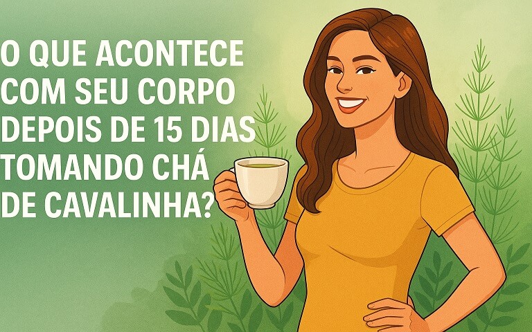 Mulher jovem segurando uma xícara de chá, com expressão de bem-estar, cercada por ilustrações de folhas de cavalinha e ícones de pele, cabelo e corpo desinchado, representando os benefícios do chá de cavalinha.